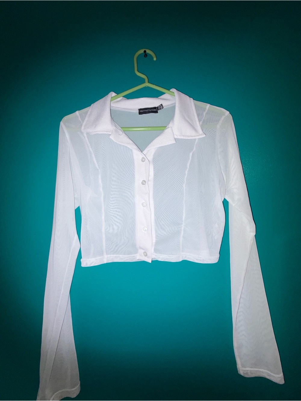 PrettyLittleThing White Sheer Cropped Button-Up Top medium